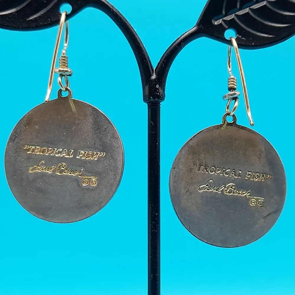 Vintage Laurel Burch Tropical Fish Drop Earrings, Cloisonné Enamel Gold Plated
